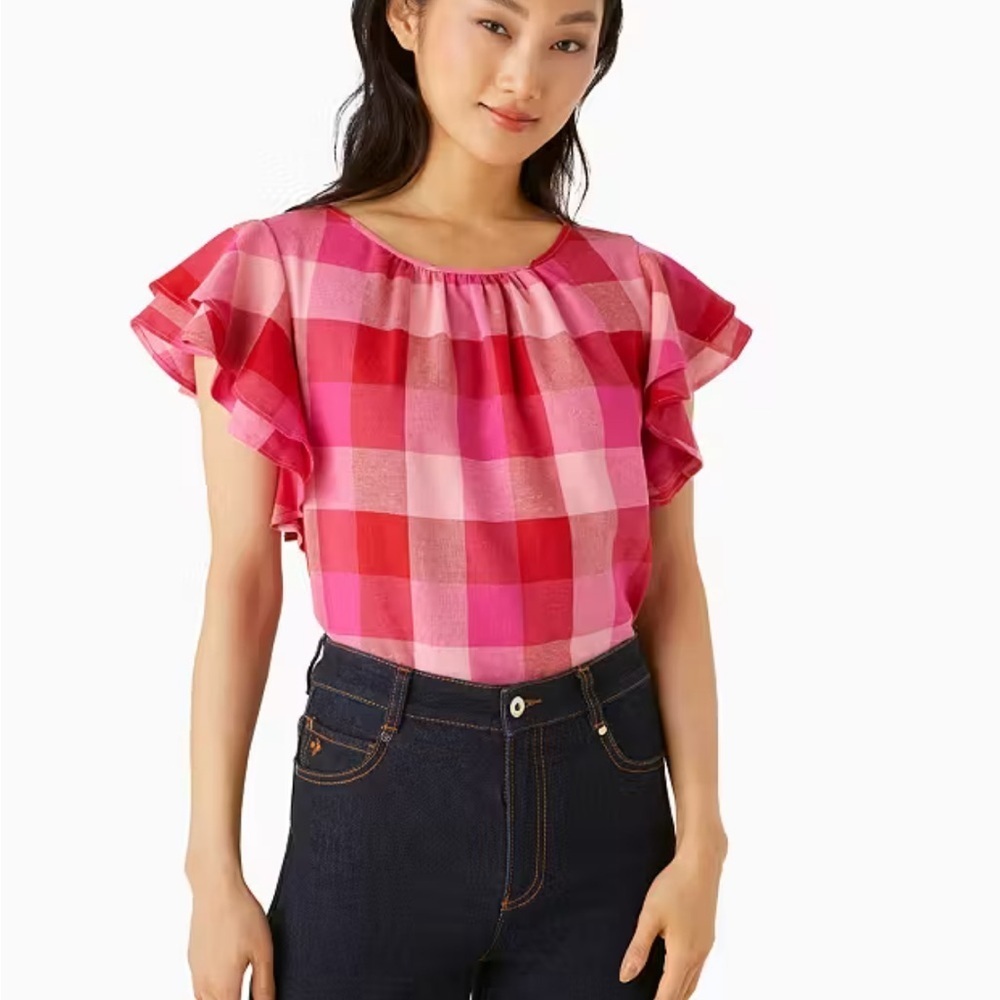 kate spade Pink and Red Plaid Ruffle Sleeve Blouse EUC